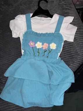 Blue Floral Appliqué Pinafore two piece dress for Kids